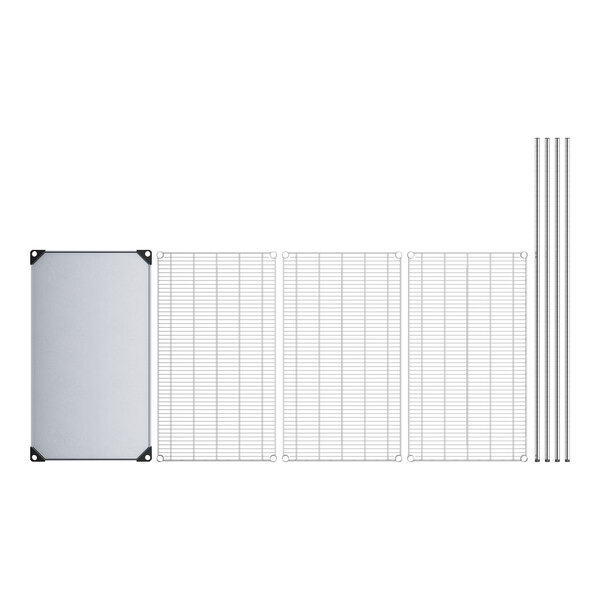 A white rectangular wire shelf with metal corners and a solid metal bottom.