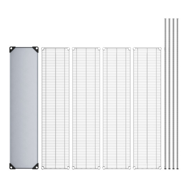 A white metal wire rack with a black and white metal grid on the bottom shelf.