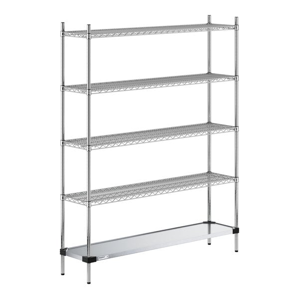 Regency 14" x 60" NSF Chrome Wire 5-Shelf Kit with Solid Galvanized Steel Bottom Shelf and 74" Posts