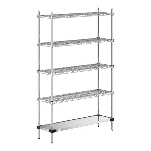 Regency 14" x 48" NSF Chrome Wire 5-Shelf Kit with Solid Galvanized Steel Bottom Shelf and 74" Posts