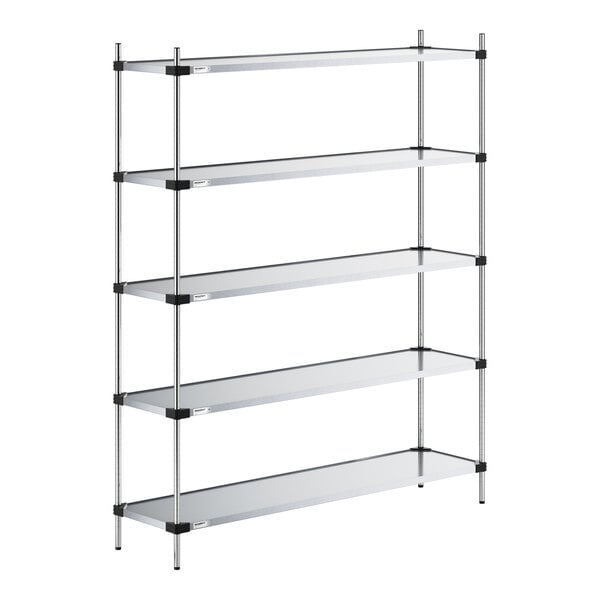 A five-tier metal shelving unit with solid shelves and vertical support posts.