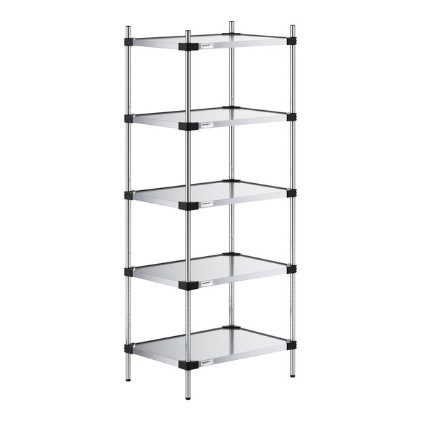 A five-tier shelving unit with solid metal shelves and four vertical support posts.