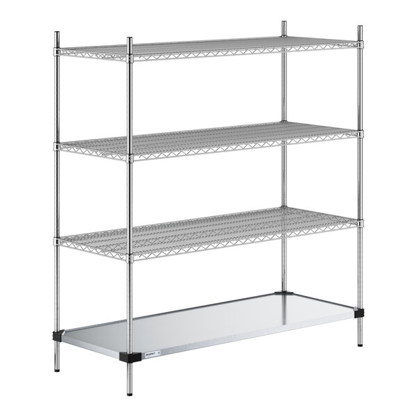 Regency 24" x 60" NSF Chrome Wire 4-Shelf Kit with Solid Galvanized Steel Bottom Shelf and 64" Posts
