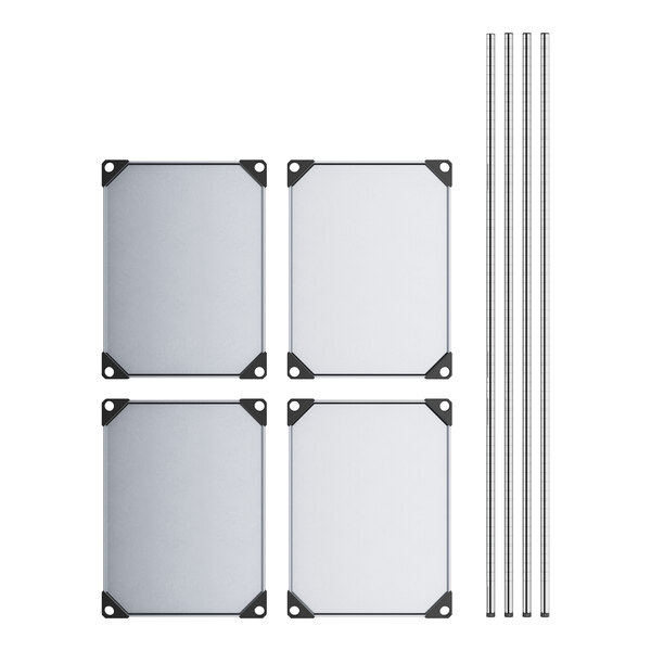 Four rectangular metal shelves with black corners and white trim.