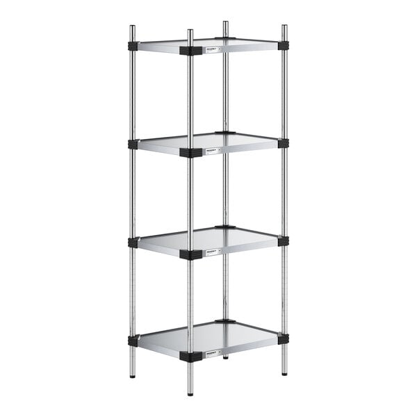 A four-tier metal shelving unit with solid shelves and vertical posts, featuring a simple, open design.