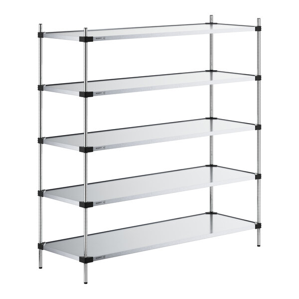 A five-shelf galvanized steel shelving unit with solid shelves and four vertical posts.