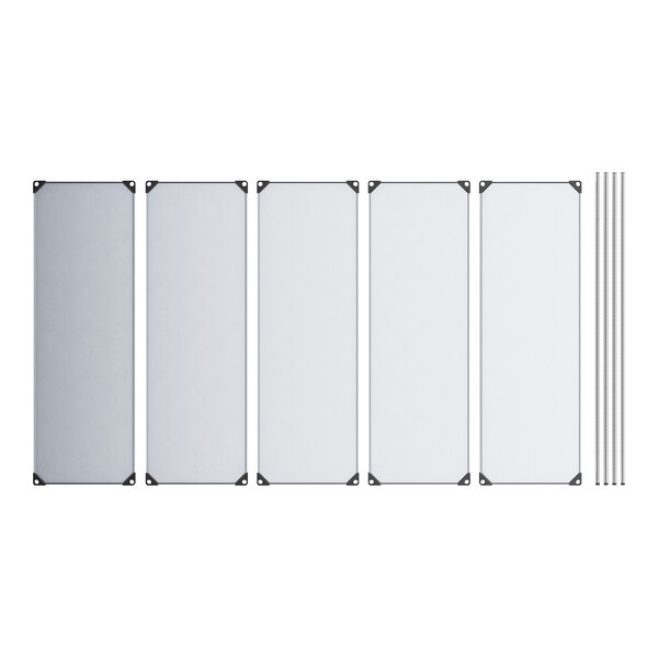 A five-shelf galvanized steel shelving kit with five rectangular shelves and four vertical posts.