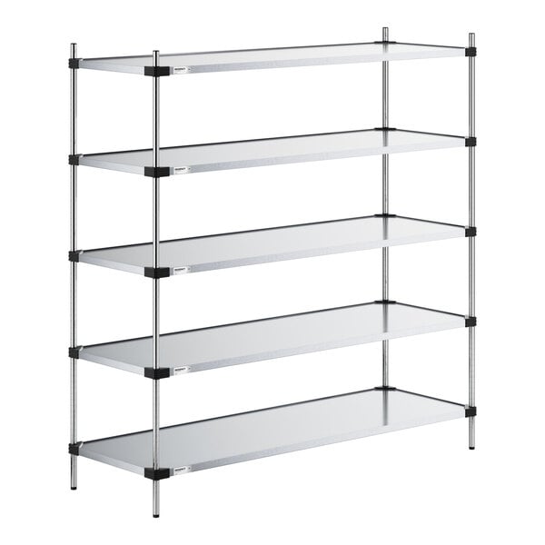 A five-tier metal shelving unit with solid shelves and four vertical posts.