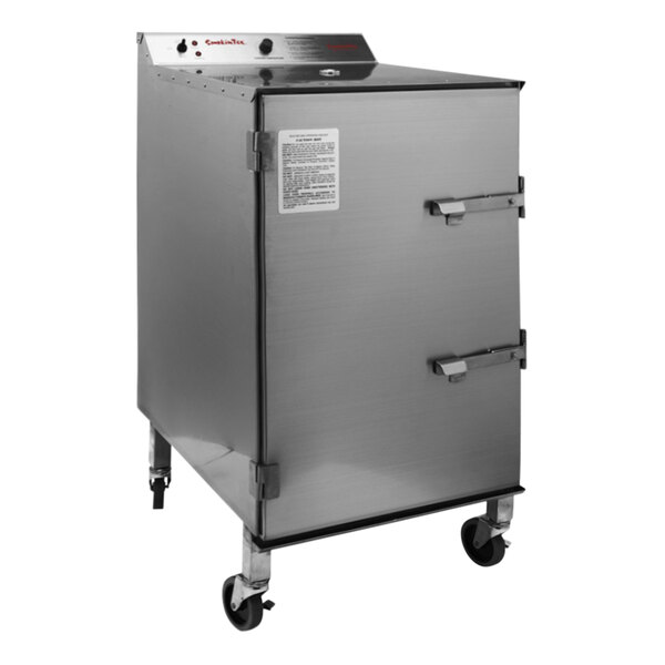 A stainless steel SmokinTex 1500-CXLD Pro Series Commercial Electric Smoker with wheels.