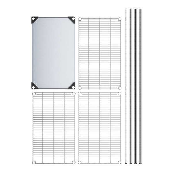 A white rectangular metal wire shelf kit with metal grid shelves and posts. The bottom shelf is solid galvanized steel.