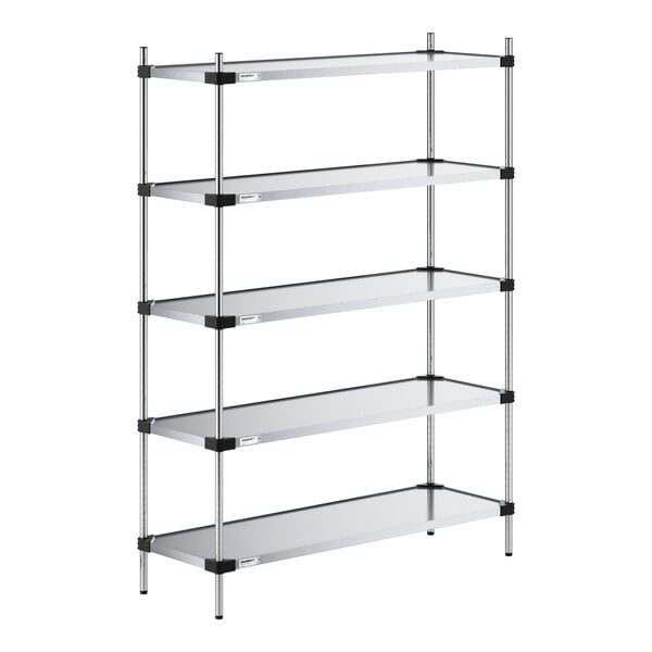 A five-tier metal shelving unit with solid shelves and vertical support posts.