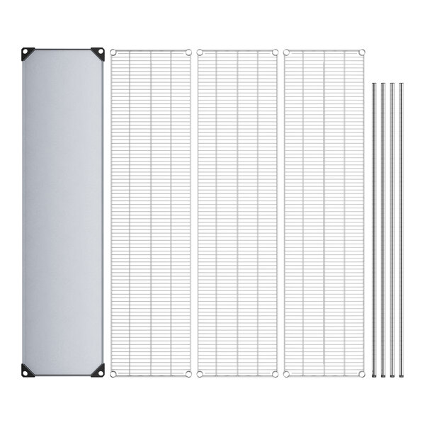 A metal grid with a rectangular metal shelf on a white surface.