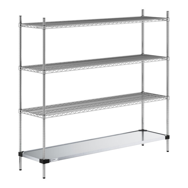 A four-tier shelving unit with three wire shelves and one solid metal shelf at the bottom, supported by four vertical metal posts.