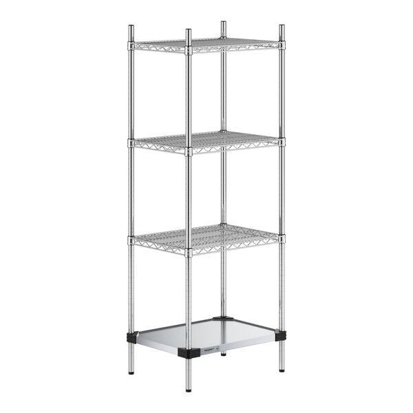 A Regency chrome wire shelving unit with solid metal shelves.