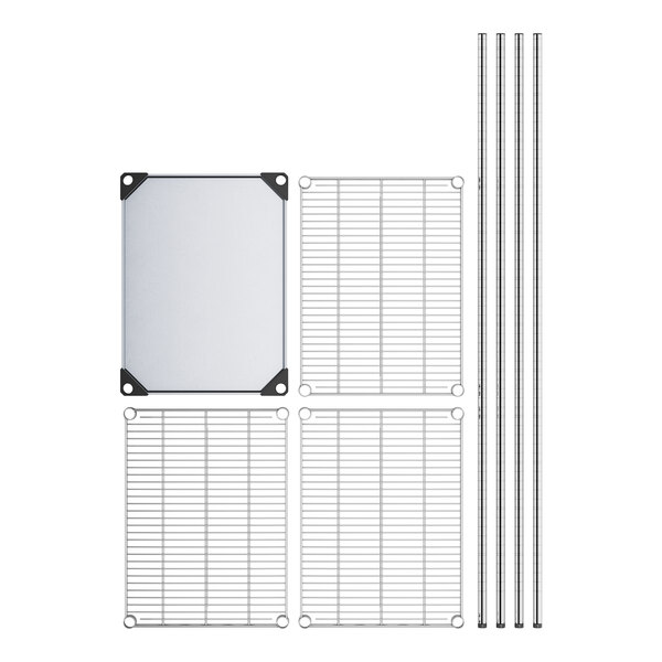 A white rectangular wire rack with metal corners and four metal shelves.