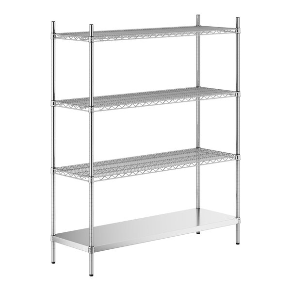 A stainless steel shelving unit with four shelves.