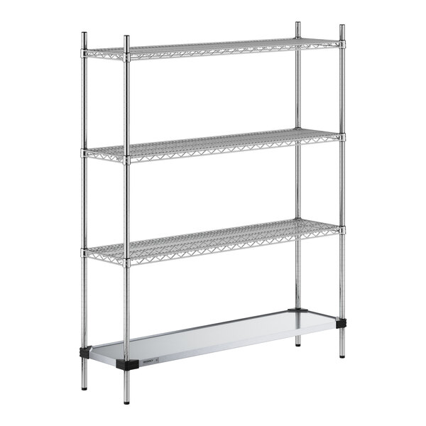 A Regency chrome wire shelving unit with solid metal shelves.
