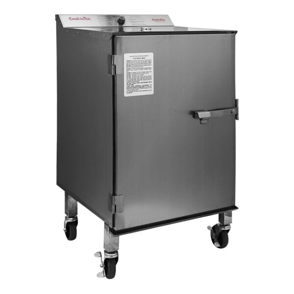 A stainless steel SmokinTex 1460 Pro Series Electric Smoker with wheels.