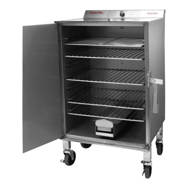 A stainless steel SmokinTex 1460 Pro Series electric smoker with racks of food.