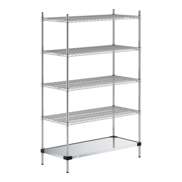 A five-tier shelving unit with four wire shelves and one solid metal shelf at the bottom, supported by four vertical metal posts.
