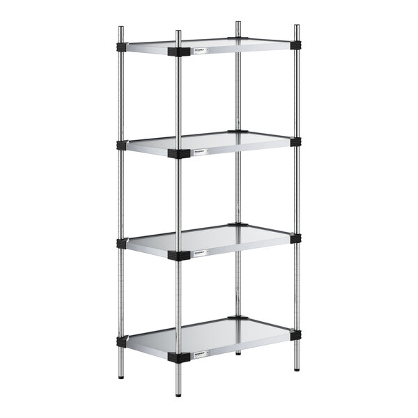 A four-tier metal shelving unit with solid shelves and vertical support posts.