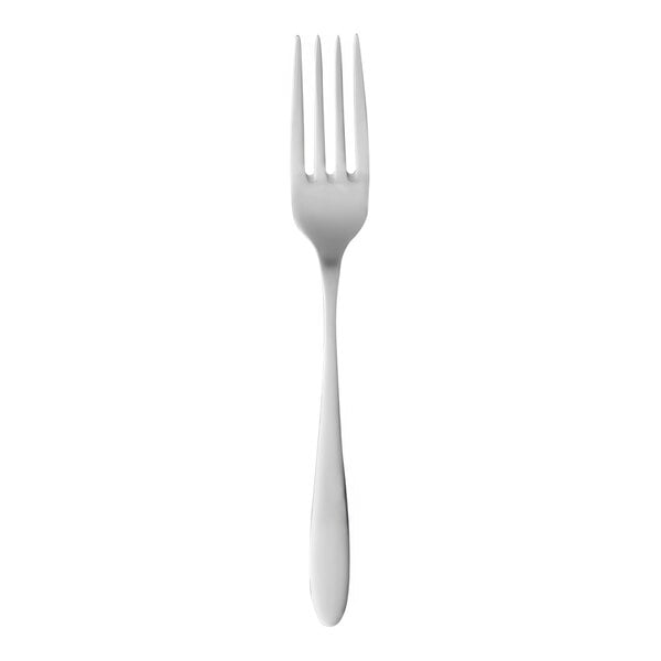 A close-up of a Libbey stainless steel salad/dessert fork with a black handle.