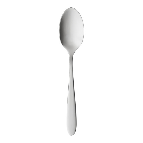 A Libbey stainless steel demitasse spoon with a white handle.