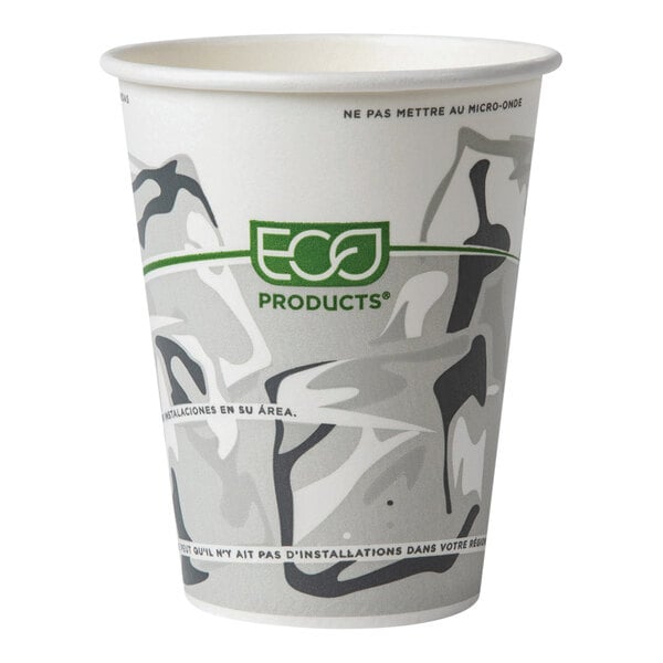 A white and grey Eco-Products paper cold cup with a black and white design.