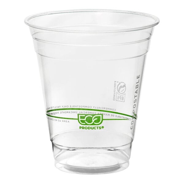 A clear 12 oz. compostable plastic cold cup with green Eco-Products branding.