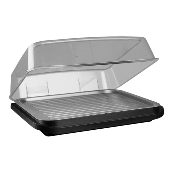 A black and silver rectangular Vacu Vin cooling plate with a clear lid.