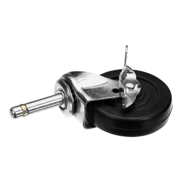 A close-up of a black and silver Dutchess caster wheel with a metal stem.
