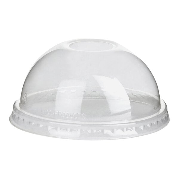 A clear plastic dome lid on a white background.