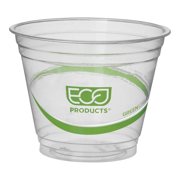 A clear Eco-Products PLA compostable cold cup with a green logo.