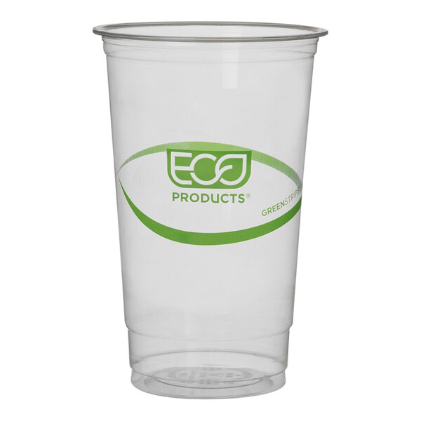 A clear plastic Eco-Products cup with a green logo.