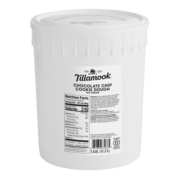 A white Tillamook container of Chocolate Chip Cookie Dough Ice Cream with a white lid.