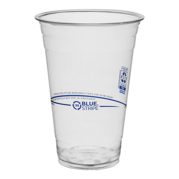 A clear plastic cup with a blue stripe and blue text.