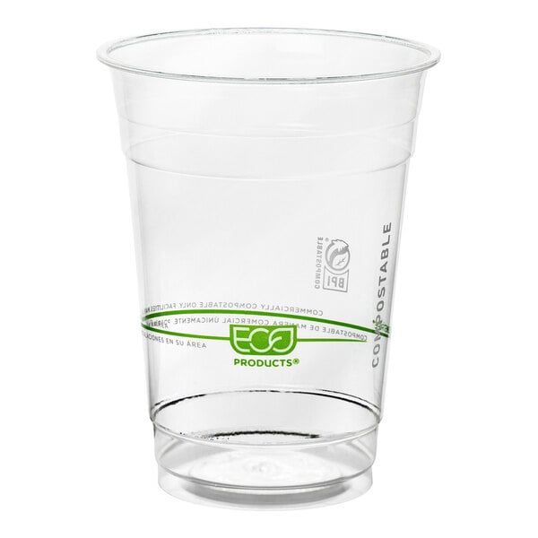 A clear compostable plastic cold cup with green Eco-Products branding and a 16 oz. capacity.