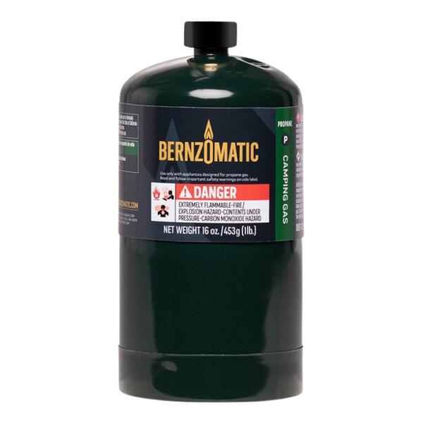 A green Bernzomatic propane camping gas cylinder with a black label.