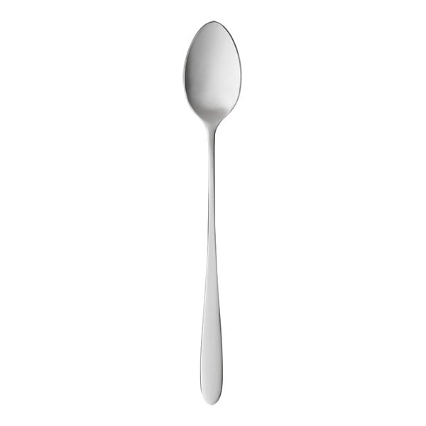 A Libbey stainless steel iced tea spoon with a white handle on a white background.