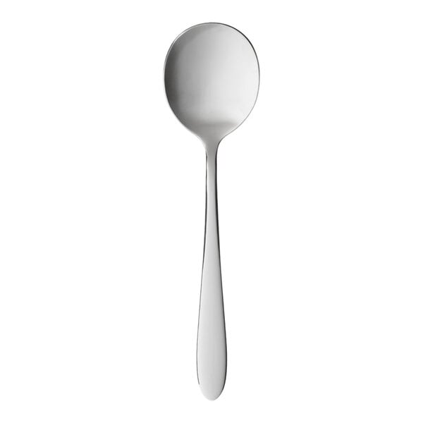 A close-up of a Libbey stainless steel bouillon spoon with a silver handle.