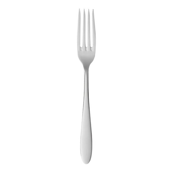 A close-up of a Libbey stainless steel dinner fork with a black handle.
