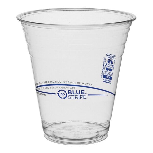A clear Eco-Products plastic cup with a blue stripe and blue text.