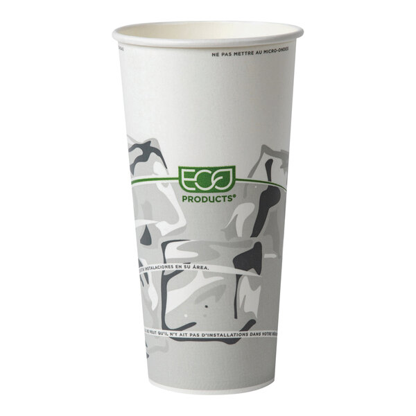 A white Eco-Products paper cold cup with a green and grey GreenStripe design.