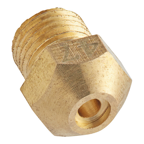 A close-up of a brass Avantco natural gas orifice nut.