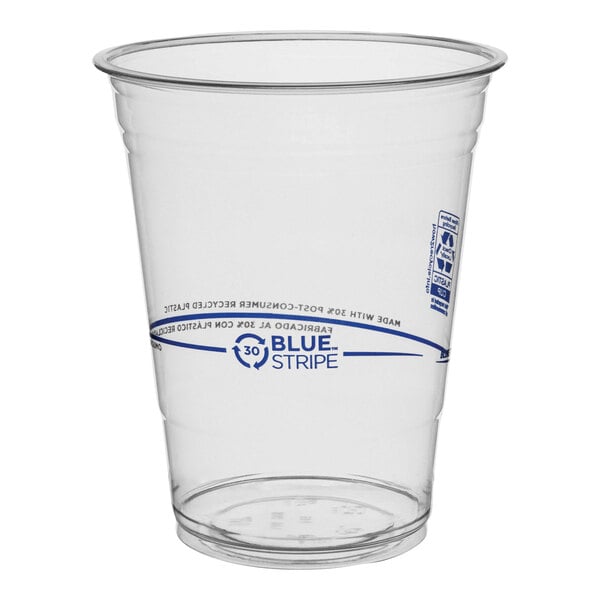 A clear plastic Eco-Products cup with a blue stripe.