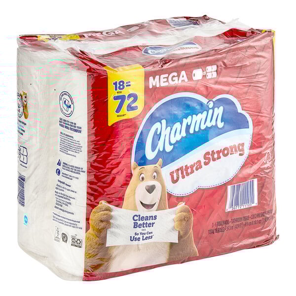 A box of 18 Charmin Ultra Strong Mega Rolls of white toilet paper.