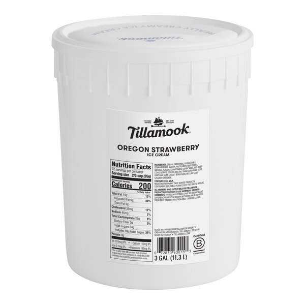 A white Tillamook bucket of Oregon Strawberry Premium Ice Cream with a label.