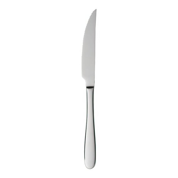 A close-up of a Libbey steak knife with a silver handle.