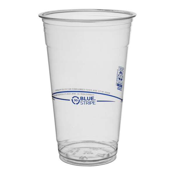 A clear plastic Eco-Products cup with a blue logo.