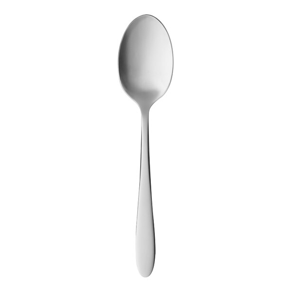 A Libbey stainless steel European teaspoon with a white handle.